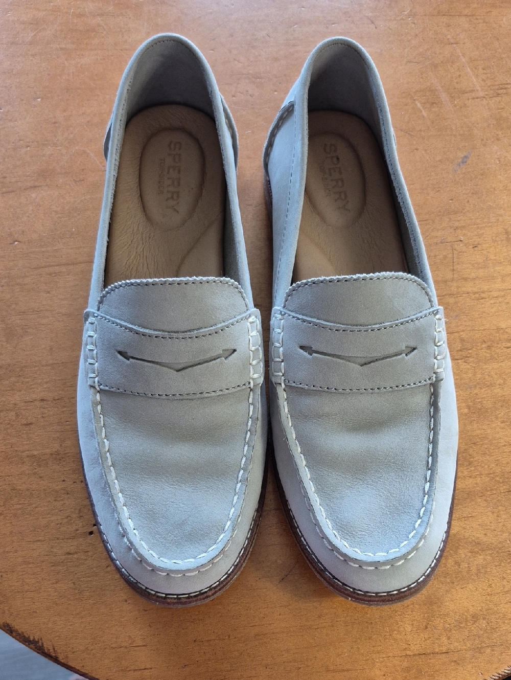Sperry Seaport Nubuck Leather Penny Loafers Light Gray/putty w/white Stitching